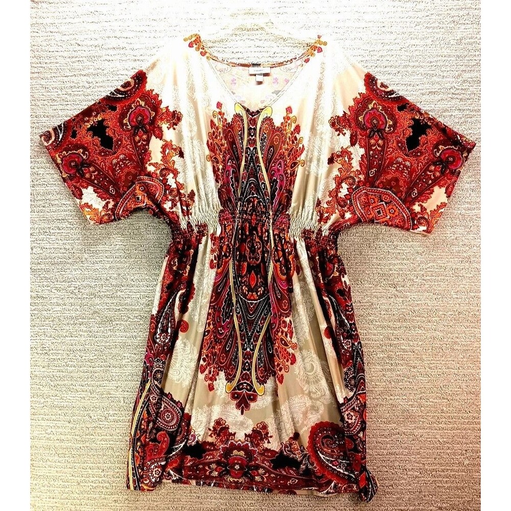 Dressbarn Women’s Size 20 Orange Paisley Shift Midi Dress – V Neck 3/4 Sleeve